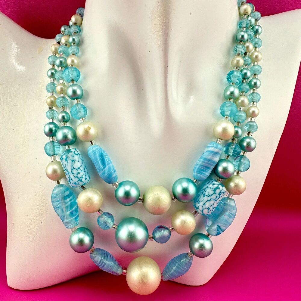 Vintage Necklace Multi Strand Blue Glass Acrylic Swirl Mottled Faux Pearl Beaded